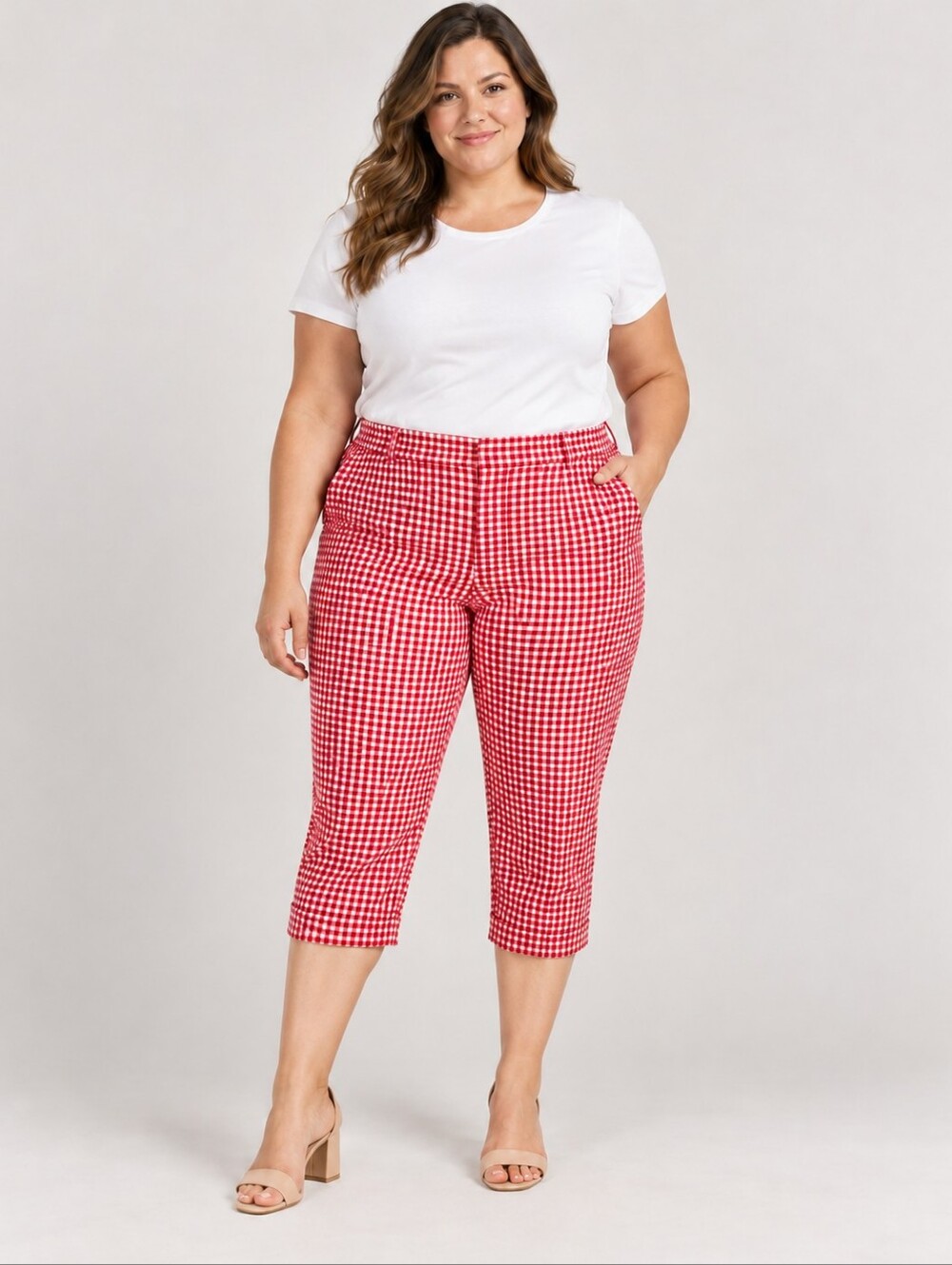 Ann Taylor Red and White Gingham Crop Chinos